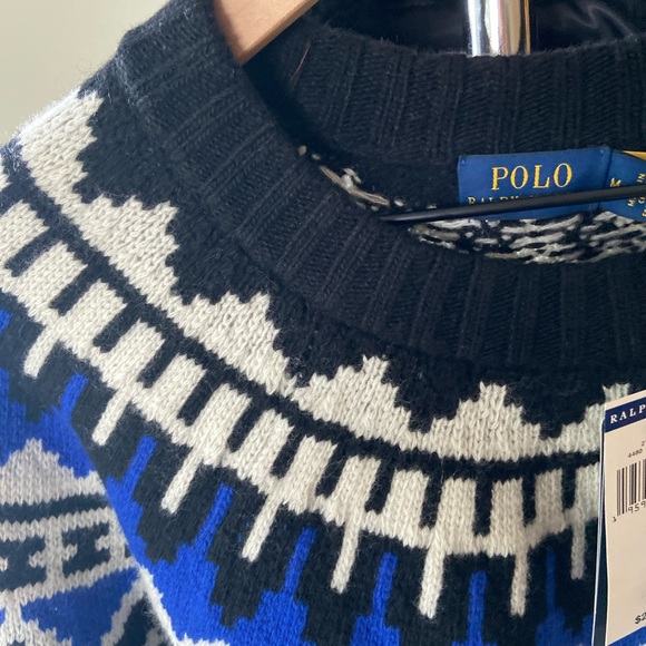 🔖 XS RALPH LAUREN POLO Sweater Fair Isle Italian Yarn Blue Black White - Picture 9 of 12